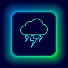 Glowing neon line Storm icon isolated on black background. Cloud and lightning sign. Weather icon of storm. Colorful outline concept. Vector.