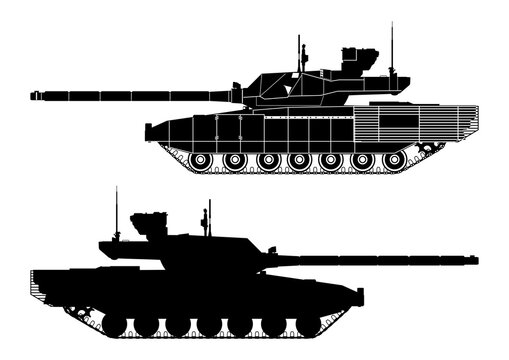 Silhouette of modern russian main battle tank T-14 Armata. Side view. Flat vector.