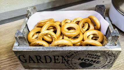 Sushki or baranki bugels or bubliki, are traditional Russian and Eastern European traditional bakery food, small, crunchy and mildly sweet small bread rings shaped eaten with tea or coffee