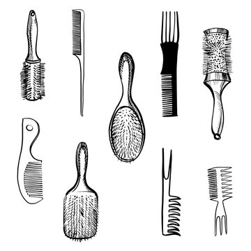 Set of combs isolated, hand drawen sketch