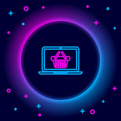 Glowing neon line Shopping basket on screen laptop icon isolated on black background. Concept e-commerce, e-business, online business marketing. Colorful outline concept. Vector.