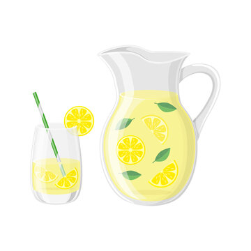 Glass with cocktail tube  and   pitcher with lemonade or ice tea lemon slice and mint leaves vector