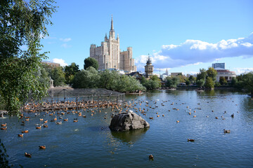 MOSCOW, RUSSIA - September 14, 2020: View to the pond in Moscow Zoo
