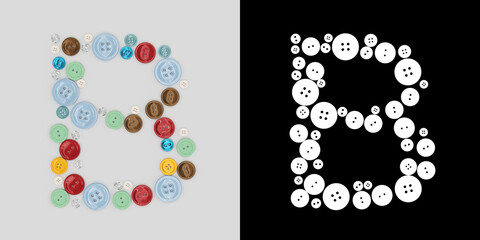 Letter B of sewing button alphabet. Alphabet from buttons . Letter from buttons. Font from buttons. On a white background. 3D