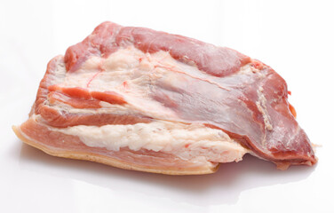 raw meat piece on white background, pork meat and lard