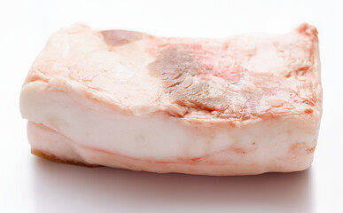 raw lard piece on white background, pork fat