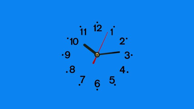 ブルーバックに枠の無い黒い数字と針だけの時計。より高速で時を遡るアナログ時計。文字盤の地もブルーバックになっているクロマキー素材。逆回転。