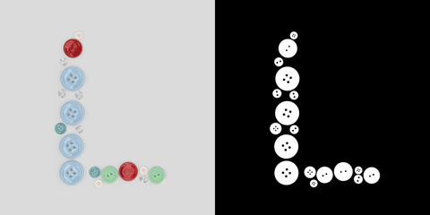 Letter L of sewing button alphabet. Alphabet from buttons . Letter from buttons. Font from buttons. On a white background. 3D