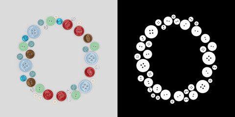 Letter O of sewing button alphabet. Alphabet from buttons . Letter from buttons. Font from buttons. On a white background. 3D