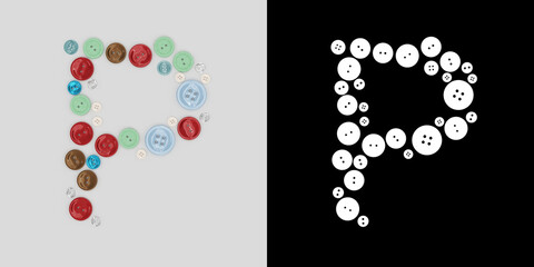Letter P of sewing button alphabet. Alphabet from buttons . Letter from buttons. Font from buttons. On a white background. 3D