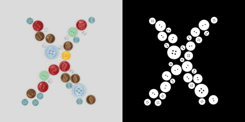 Letter X of sewing button alphabet. Alphabet from buttons . Letter from buttons. Font from buttons. On a white background. 3D
