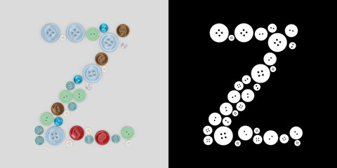 Letter Z of sewing button alphabet. Alphabet from buttons . Letter from buttons. Font from buttons. On a white background. 3D