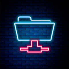 Glowing neon line FTP folder icon isolated on brick wall background. Software update, transfer protocol, router, teamwork tool management, copy process, info. Colorful outline concept. Vector.