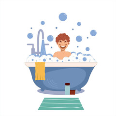 Happy laughing man takes a hot bath in the bathroom. Tap water flows. The boy washes his head, hair, body, skin with shampoo, soap, sponge, water. Foam bath. Hygiene, life, rest. Vector illustration