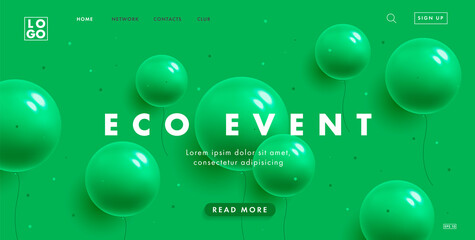 Ecology event website banner with green background and festive green balloons, stylish digital invitation - obrazy, fototapety, plakaty