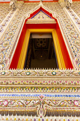 Mosaic Ceramic Abstract Wall In Wat Bang lamung Thai Temple,Beautiful detail of traditional Thai art decorated made from ceramic tile ,Art of borken mosaic interior and decorate at Banglamung Temple ,