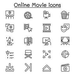 Online movie icon set in thin line style