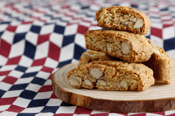 Heap of Cantuccini cookie biscuits with almonds nuts. Crunchy traditional Italian snack.
