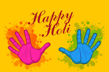 Happy holi palm elements card color blotch blur design. Greeting banner Happy holi hand colorful blot paint design. India holiday festive bright arm banner.
