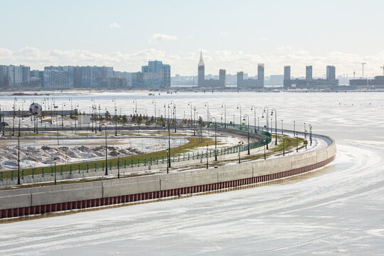 Empty embankment of Krestovsky Island in Saint Petersburg, Russia.