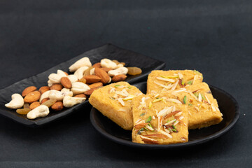 Indian Mithai Lachedar Patisa With Various Names Soan Papdi San Papdi Sohan Papdi Sukhdi Or Sonpapdi Son Roll Is Made Of Gram Wheat Flour Besan Kaju Pista Badam Dry Fruits Jaggery Fried In Desi Ghee