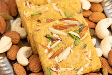 Indian Mithai Lachedar Patisa With Various Names Soan Papdi San Papdi Sohan Papdi Sukhdi Or Sonpapdi Son Roll Is Made Of Gram Wheat Flour Besan Kaju Pista Badam Dry Fruits Jaggery Fried In Desi Ghee