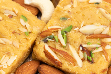 Indian Mithai Lachedar Patisa With Various Names Soan Papdi San Papdi Sohan Papdi Sukhdi Or Sonpapdi Son Roll Is Made Of Gram Wheat Flour Besan Kaju Pista Badam Dry Fruits Jaggery Fried In Desi Ghee