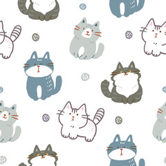 Seamless Pattern with Cartoon Cat Illustration Design on White Background
