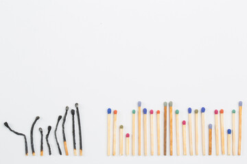 Matches burned and not burned on white