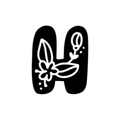 Vintage floral bold Letter H Logo spring. Classic H Summer Letter Design Vector with Black Color and Floral Hand Drawn with monoline pattern