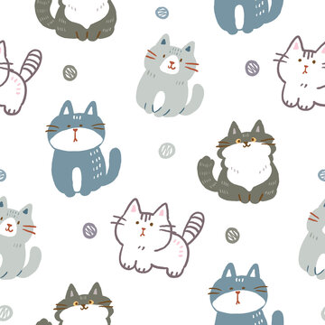 Seamless Pattern with Cartoon Cat Illustration Design on White Background