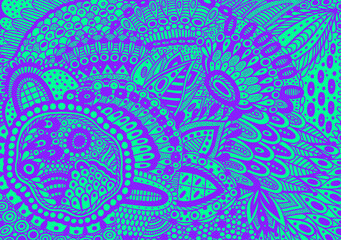 Flower ornament with patterns and leaves. Zendoodle fantastic blue background. Abstract trippy pattern. Psychedelic art. Vector artwork