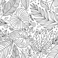 Cute vector summer hand drawn leaf seamless pattern. Print with leaves. Elegant beautiful monoline nature ornament for fabric, wrapping and textile. Scrapbook black and white paper