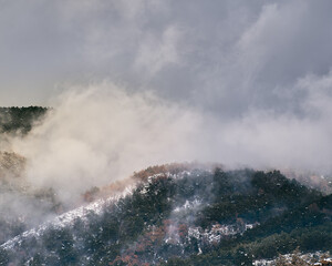 Snowy and foggy mountain view