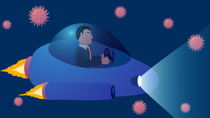 Illustration of business in context of coronavirus. Protected spaceship flying through virus
