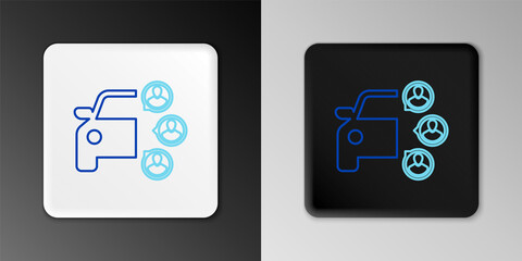 Line Car sharing with group of people icon isolated on grey background. Carsharing sign. Transport renting service concept. Colorful outline concept. Vector.