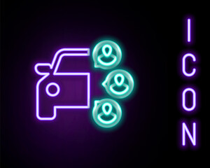 Glowing neon line Car sharing with group of people icon isolated on black background. Carsharing sign. Transport renting service concept. Colorful outline concept. Vector.