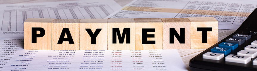 The word PAYMENT is written on wooden cubes near the graphs and calculator.