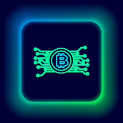 Glowing neon line Cryptocurrency bitcoin in circle with microchip circuit icon isolated on black background. Blockchain technology, digital money market. Colorful outline concept. Vector.