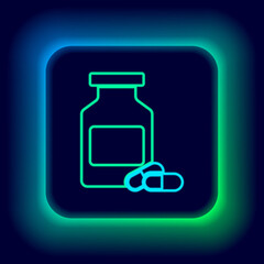 Glowing neon line Medicine bottle and pills icon isolated on black background. Bottle pill sign. Pharmacy design. Colorful outline concept. Vector.