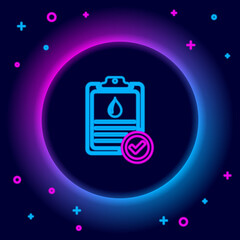 Glowing neon line Medical clipboard with blood test results icon isolated on black background. Clinical record, prescription, medical check marks report. Colorful outline concept. Vector.