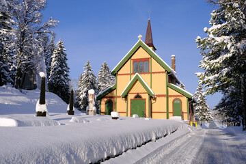 Fototapeta na wymiar The Chapel, Tromso Cemetery in Winter, Tromso, North Norway