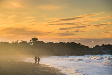 couple d'amoureux se promenant sur la plage des Baleines près du phare des Baleines à Les Portes en Ré sur l'île de Ré
