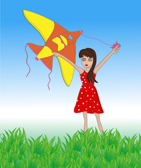 Kid with flying kite in field with blue sky outside in summer time. Vector illustration cartoons of child girl playing in park sun day.