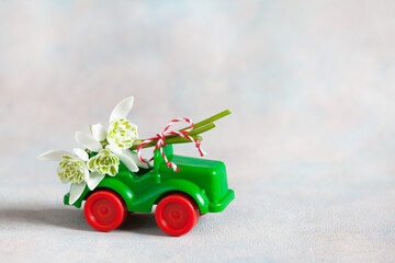 Decorative background with a green toy car and flowers snowdrops for congratulations, space for text.