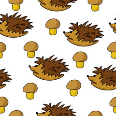 Seamless pattern of cute hedgehogs and mushrooms, positive thorny animals and and mushrooms with brown caps on a white background