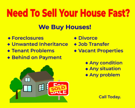 Need to sell your house fast image on yellow background. Ad template for advertising.
