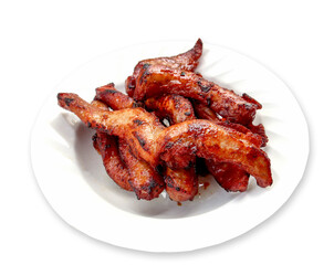 Fried Pork with Fish Sauce Marinated with various spices and fresh vegetables separately on white background