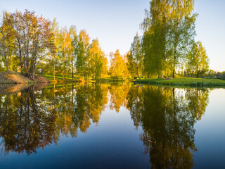 Beautiful Tree Reflection in Lake on Sunny Day - Autumn Colors