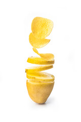 Naklejka na ściany i meble Potato slices turning into chips isolated on white background